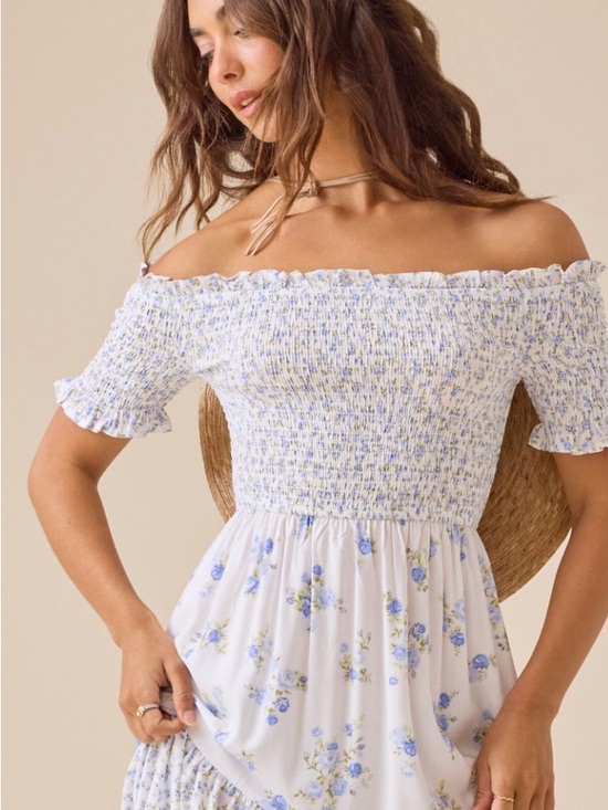 Altar'd State Dresses & Skirts - Altar'd State Off-Shoulder White Dress with Blue Floral Print